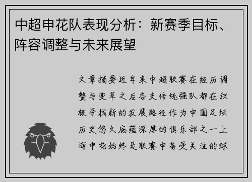 中超申花队表现分析：新赛季目标、阵容调整与未来展望