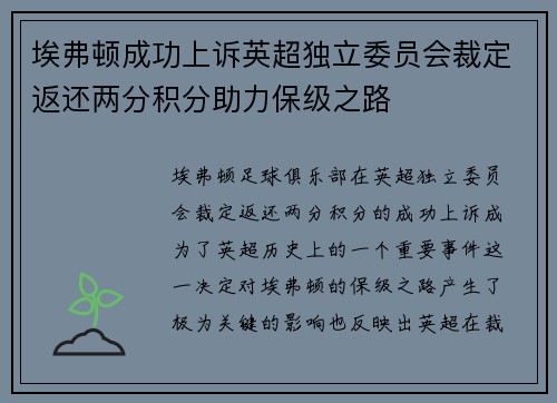 埃弗顿成功上诉英超独立委员会裁定返还两分积分助力保级之路